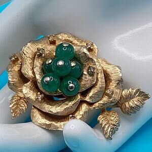 Vintage Gold Tone Rose Brooch, Green Lucite Beads Center, 2 Inches, Mid-Century